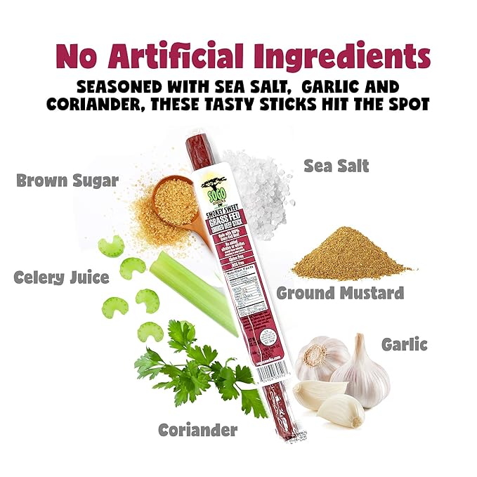 Smokey Sweet, Sogo Snacks, 100% Grass Fed Beef Sticks. Non-GMO, No Nitrates. Gluten Free Beef Jerky. Soy Free and Dairy Free Snacks. No Nuts or MSG. Paleo & Keto Snack (Smokey Sweet, 144 Cnt)