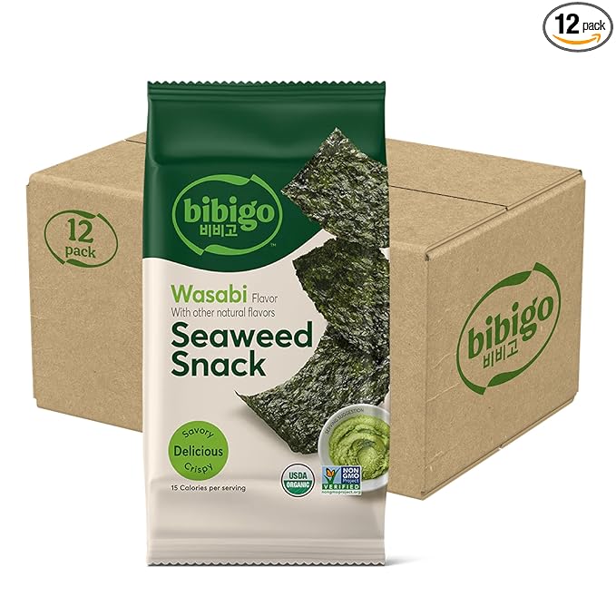 Bibigo Wasabi Flavor Seaweed Snack, Non GMO, Gluten Free, 0.35 Ounces (Pack Of 12)