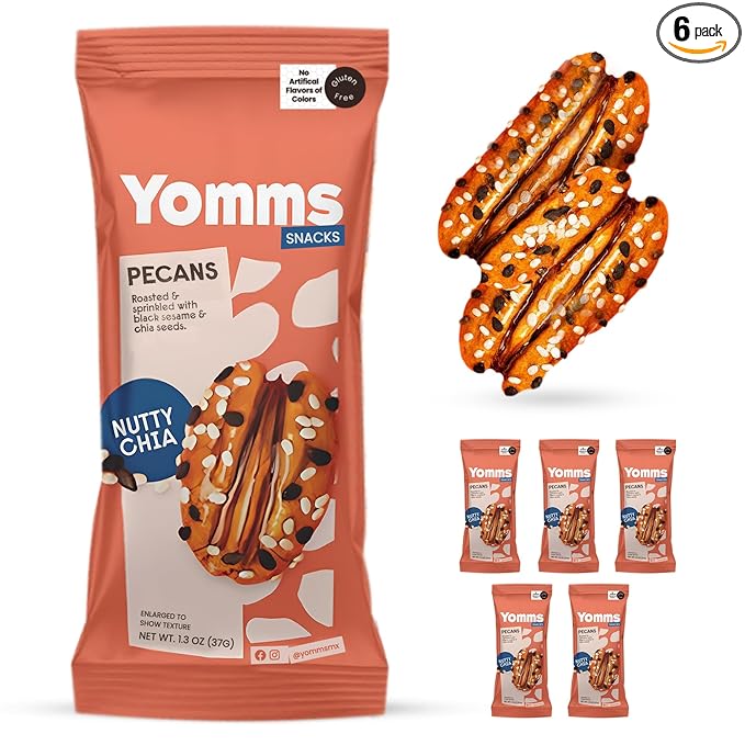 Yomms Nutty Chia Glazed Whole Pecan Halves, 7.8 oz (6 Pack), Gluten-Free & Non-GMO Healthy Dessert Snacks – Low Sugar Chia Seed & Crunchy Candied Nut Pouches – Gourmet Roasted Snacking Pecans – 1.3oz Individual Bags