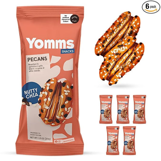 Yomms Nutty Chia Glazed Whole Pecan Halves, 7.8 oz (6 Pack), Gluten-Free & Non-GMO Healthy Dessert Snacks – Low Sugar Chia Seed & Crunchy Candied Nut Pouches – Gourmet Roasted Snacking Pecans – 1.3oz Individual Bags