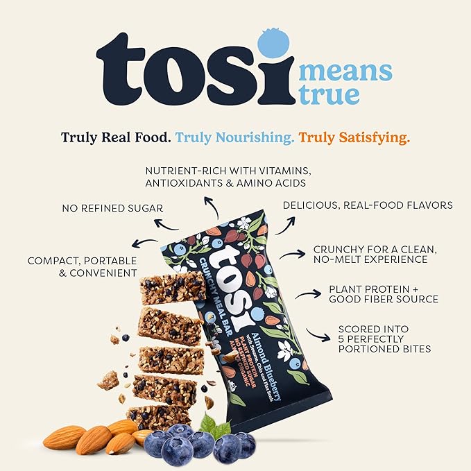 Tosi Meal Nut Bars, Almond Blueberry, Healthy Snacks for Adults & Kids, Crunchy Plant Based Protein Bar (14G), Keto Snacks, Vegan, Gluten & Soy Free, Low Sugar, Omega 3s, 2.4oz, 12-Pack