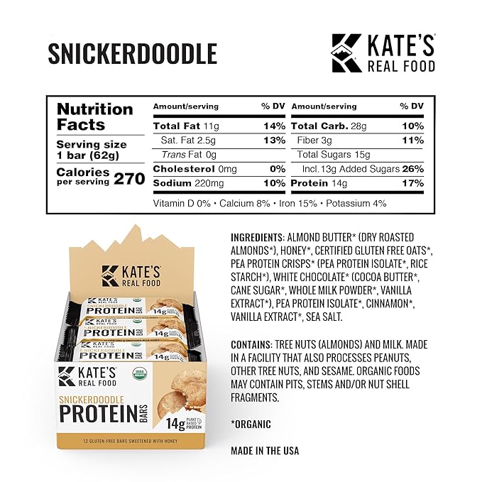 Kate’s Real Food Organic Protein Bars – (Snickerdoodle, 2.2 oz, Pack of 12) – Plant Based Protein Bars - Gluten Free, Soy Free, Non GMO, Whole Grains, and All Natural