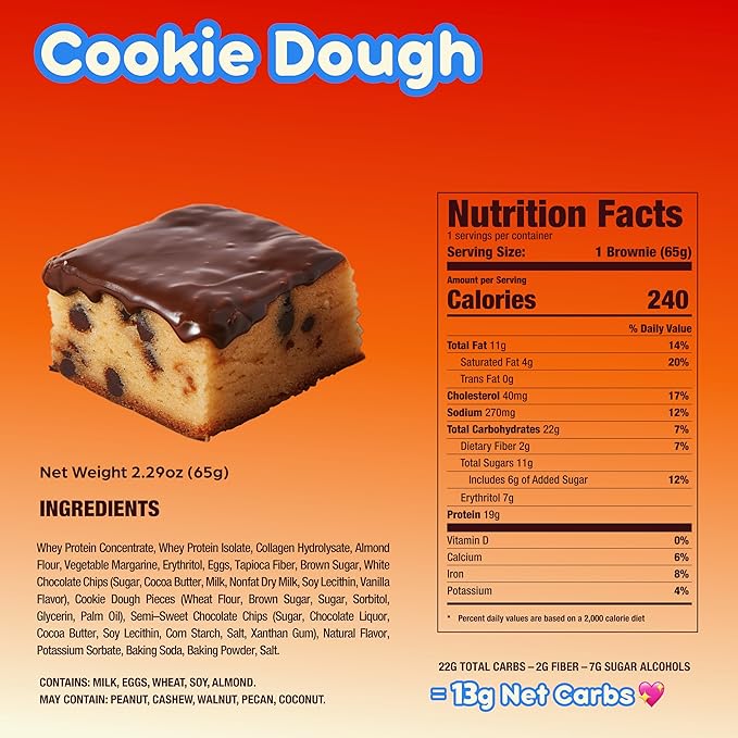 Prime Bites High Protein Brownie (12 Per Box, Cookie Dough Bites) - 19g of Protein, 5g of Collagen, Gluten Free, Low Sugar Treat, Delicious Protein Snack
