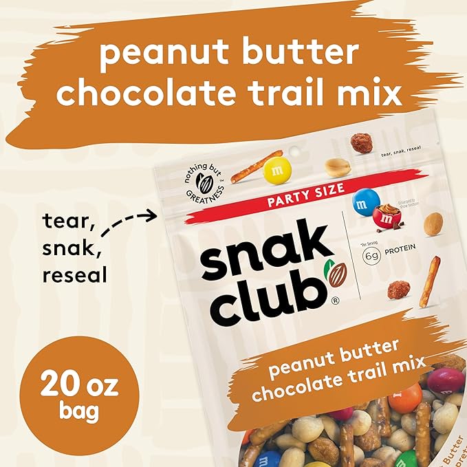Snak Club Peanut Butter Chocolate Trail Mix with Peanuts, Peanut Butter M&M’S, Toffee Peanuts, and Pretzels, 20 oz Resealable Bag