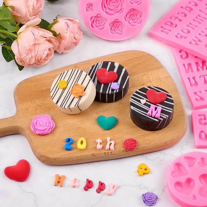 CLUEWR 5 PCS Silicone Letter Molds, Non-Stick Number Heart Rose Flower Fondant Molds for Chocolate, Candy, Cake Decoration, Cupcake Topper