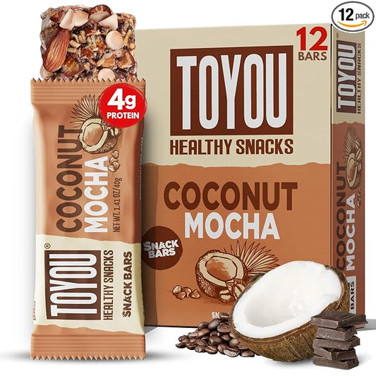 ToYou Gluten Free Chewy Fruit and Nut Bars - Healthy Protein Snacks | Coconut Mocha - 1.41 Ounce (Pack of 12) | Soft Chewy, Vegan, Fiber-Packed Granola Bars for Adults and Kids, Made with Natural Ingredients