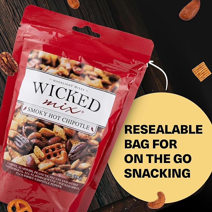 Wicked Mix Snack Mix with Mixed Nuts - Sweet and Salty Snacks Trail Mix Snack Packs with Almonds, Cashews, Pretzels, Pecans - Healthy Snacks Zero Trans Fat in Resealable Bag (Smoky Hot Chipotle, Pack of 3)