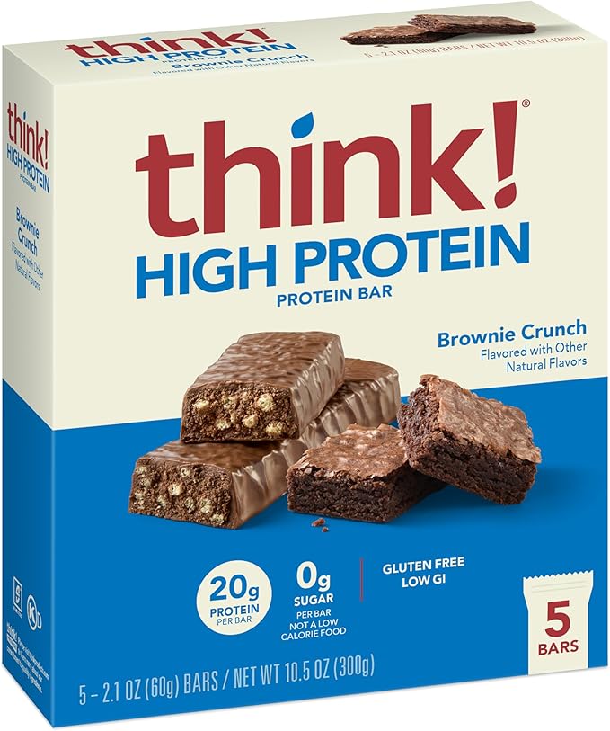 think! Protein Bars, High Protein Snacks, Gluten Free, Kosher Friendly, Brownie Crunch, Nutrition Bars, 2.1 Oz per Bar, 30 Count (Packaging May Vary)