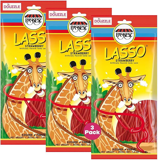 DOUzzle Valentines Day Sweet Treats, Lasso Red Licorice Laces, Candy Ropes Shoe Strings, Strawberry Flavored (3.5 OZ - 3 Pack) Goodie Bag Stuffer, Pinata Filler - Kosher Parve