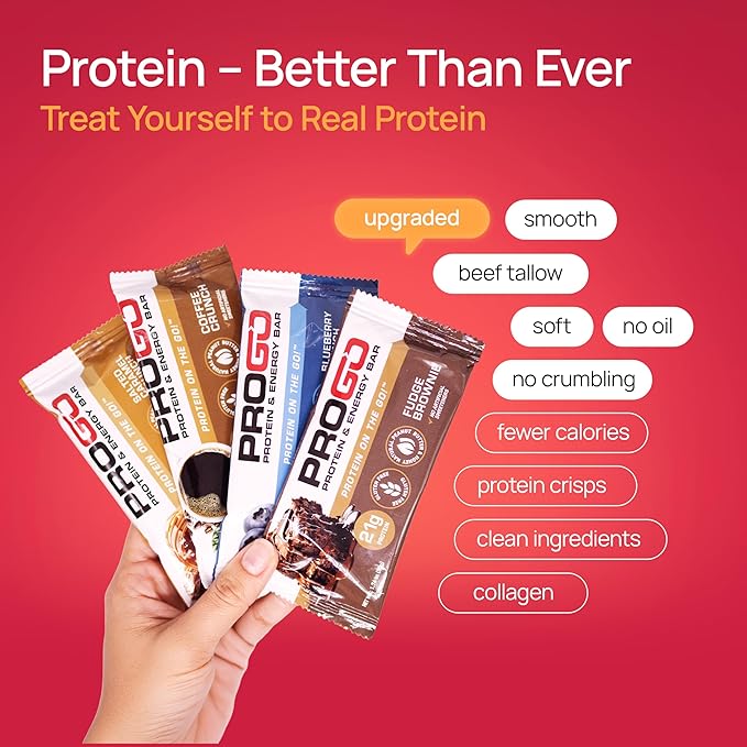 ProGo Protein Bars, Energy Bars - Up to 21g Clean Protein, Made with 95% Pure Isolate, Tallow, Collagen, Real Ingredients - Low Calorie, No Artificial Sweeteners (4-Count, Starter Pack)