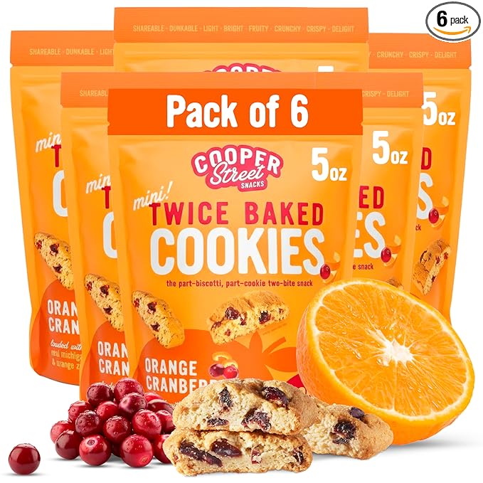 Cooper Street Twice Baked Orange Cranberry Biscotti Cookies - Crispy Mini Biscotti Cookies Ideal with Coffee - Traditional Low Calorie Italian Snacks - Kosher, Dairy, Peanut & Soy Free (6 Pack)