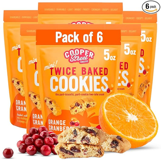 Cooper Street Twice Baked Orange Cranberry Biscotti Cookies - Crispy Mini Biscotti Cookies Ideal with Coffee - Traditional Low Calorie Italian Snacks - Kosher, Dairy, Peanut & Soy Free (6 Pack)