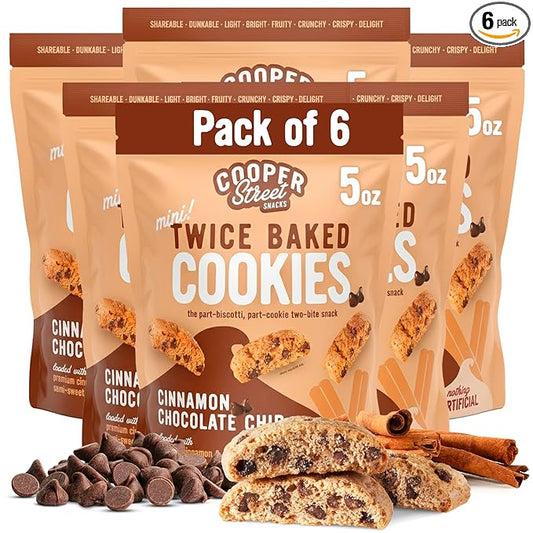 COOPER STREET Twice Baked Cinnamon Chocolate Biscotti Cookies - Crispy Mini Biscotti Cookies Ideal with Coffee - Traditional Low Calorie Italian Snacks - Kosher, Dairy, Peanut & Soy Free (6 Pack)