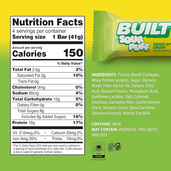 Built Bar, Sour Puff Protein Bars, Variety Pack, Collagen, On-the-go Snacks, Sour Candy, Mixed Sampler, 12 Pack