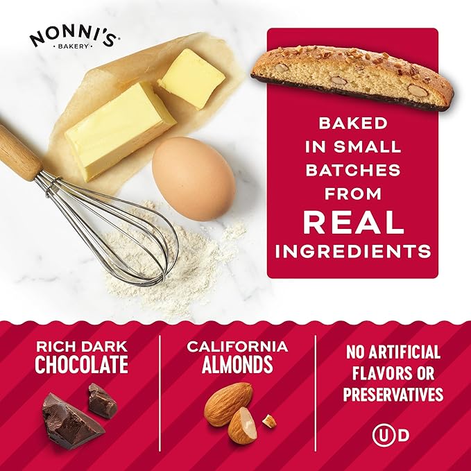 Nonni's Cioccolati Dark Chocolate Almond Biscotti Cookies – Individually Wrapped Italian Coffee Snack, Crunchy Twice-Baked, 90 Cal Each, 21.5 oz Carton, 2 Pack