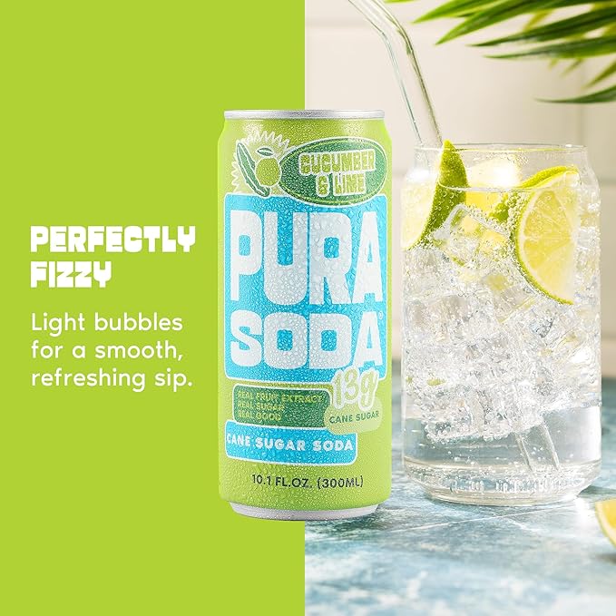 PuraSoda® Cucumber & Lime | Low-Calorie, Cane Sugar Soda Beverage | Non-GMO, Vegan | Made with Pure Cane Sugar, Clean & Refreshing | 10.1 fl oz (300ml) Cans, Pack of 24