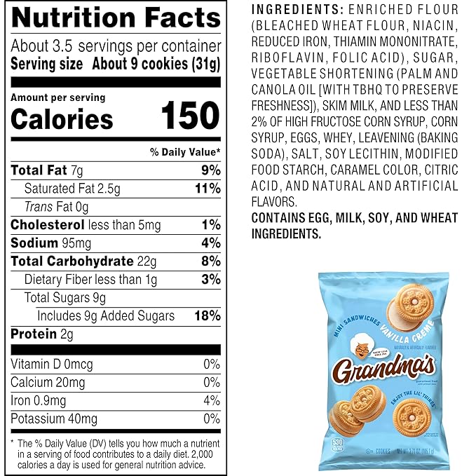 Grandma’s Mini Cookies, Vanilla Sandwich Crème Cookies, 3.71 oz Cookie Bag, (24 Pack) (Packaging May Vary)