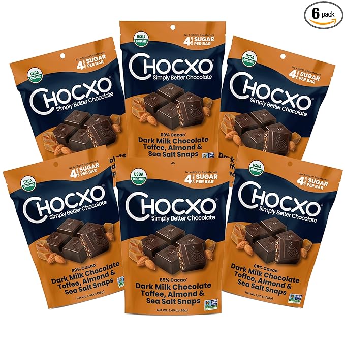 Chocxo Dark Milk Chocolate Toffee, Almond & Sea Salt Snaps - Lower Sugar, 69% Organic Cacao, NonGMO, Keto, Gluten Free, Kosher. No Artificial Sweeteners/Sugar Alcohols, 3.45 oz (Pack of 6)