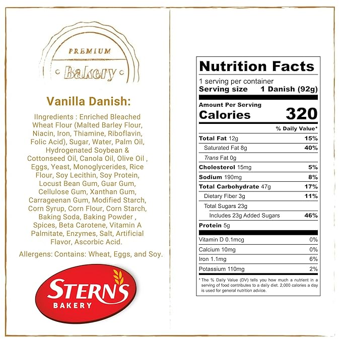 Stern’s Bakery Vanilla Danish | 18 Individually Wrapped Vanilla Pastries | 3 Oz Breakfast Danish Pastries | Vending Machine | Lunchbox Snack | Dairy Free | Nut Free Snacks