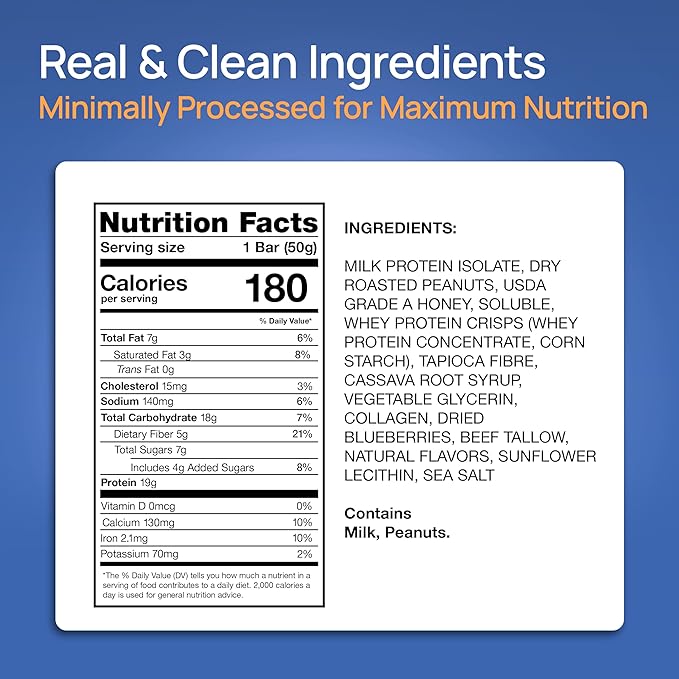 ProGo Protein Bars, Energy Bars - 19g Clean Protein, Made with 95% Pure Isolate, Tallow, Collagen, Real Ingredients - Low Calorie, No Artificial Sweeteners (20-Count, Blueberry Crunch)