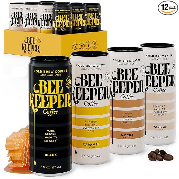 Beekeeper Cold Brew Coffee Drinks with Oregon Honey | 12 Pack Variety Refreshing Iced Coffee - Unsweetened & Strong Arabica Brew, 8 fl oz Ready-to-Drink Can - 180mg Natural Caffeine