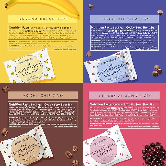 Love + Chew Superfood Soft Baked MINI Cookies Variety Pack, Plant Based Cookie With Almonds, Dates, and Chia Seeds for Kids and Adults, Vegan Snacks, Gluten Free, Paleo, Non GMO, 16 Pack