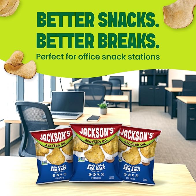 Jackson’s Potato Classic Kettle Chips with Sea Salt (1.5oz, Pack of 18) - Made with Premium Avocado Oil - Allergen-friendly, Gluten Free, Peanut Free, Vegan, Kosher - Shark Tank Product