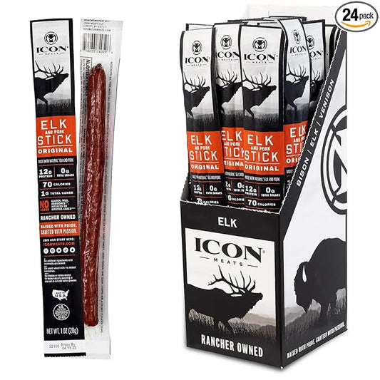 ICON Meats Elk and Pork Snack Sticks, Original, 24 Pack of High Protein Snacks, Sugar Free, Natural Jerky Meat Sticks, Gluten Free, USDA Inspected, Made in the USA, Gifts or Stocking Stuffers