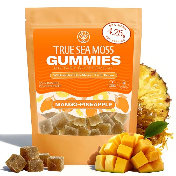 True Sea Moss Gummies – High Potency 4250mg Wildcrafted Irish Sea Moss Gel Extract + Mango Pineapple Flavor – With Coconut Sugar & Fruit Purée – 30 Gummies (30 Servings)