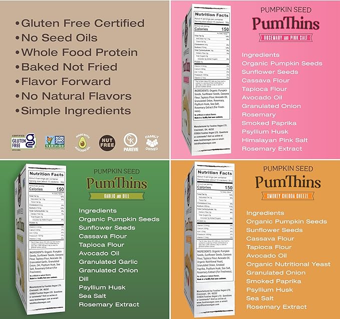 Foodies PumThins Variety Pack, Gluten Free, Made with Organic Pumpkin Seeds, No Seed Oils, Healthy, Paleo Friendly, 4.25 oz 3-Pack