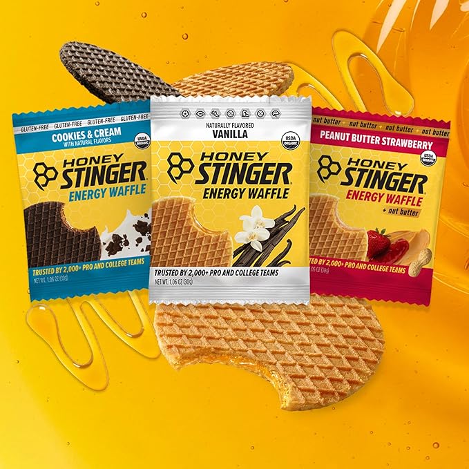 Honey Stinger Organic Energy Waffle Sweet Treats Variety Pack of 18, Vanilla, Cookies and Cream, 6 Pack Each of Peanut Butter Strawberry, Nutritious Stroopwafel Snack for Exercise, Cycling, Running