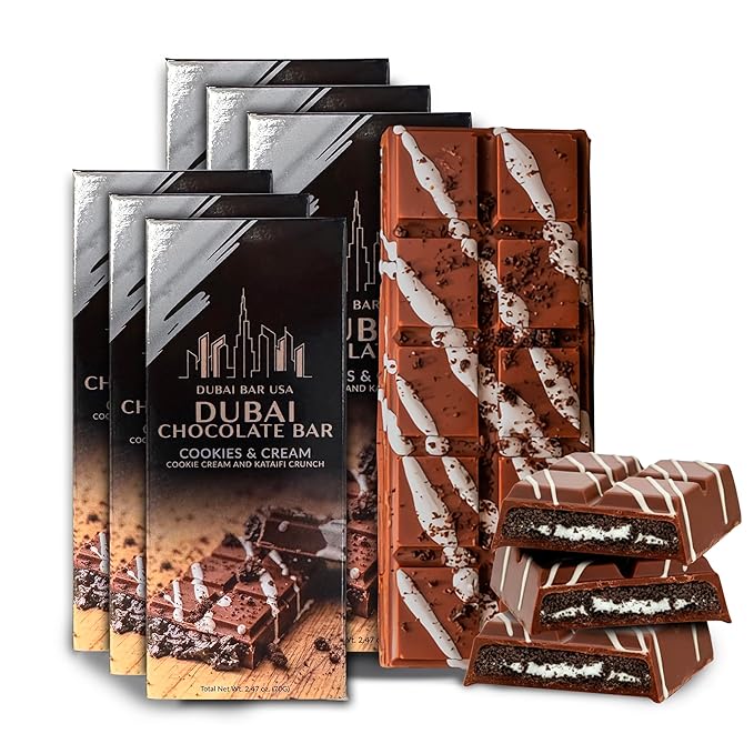 Dubai Chocolate Bar Cookies & Cream – 2.47oz Premium Chocolate with Cookies & Cream Filling and Crispy Kataifi – Dubai Knafeh Dessert Inspired – Made in USA (6 Pack)
