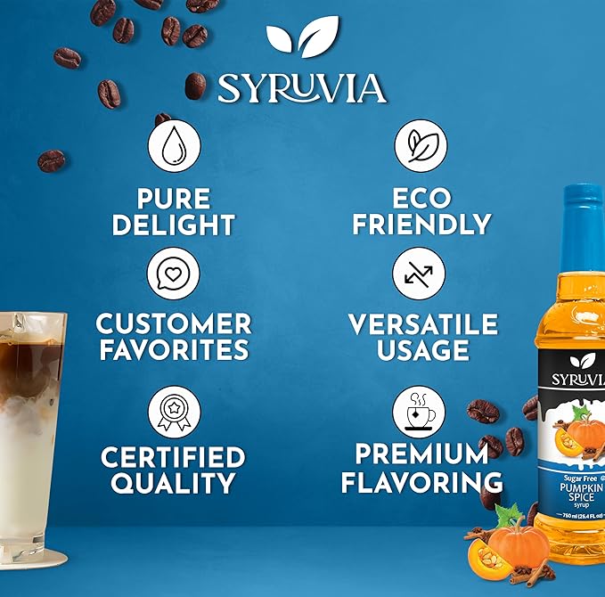 Syruvia Sugar Free Pumpkin Spice Coffee Syrup, Flavored Syrup for Drinks, Lattes, and Desserts – 25.4 fl oz