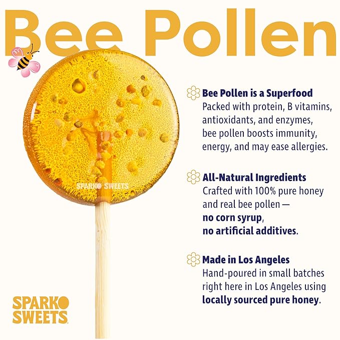 Sparko Sweets Natural Bee Pollen Honey Lollipops, 18 Pieces, Handcrafted in USA, No Artificial Ingredients or Corn Syrup, 0.75 Pound - Rich in Antioxidants, Perfect for Tea, Sore Throats, and Wholesome Snacking