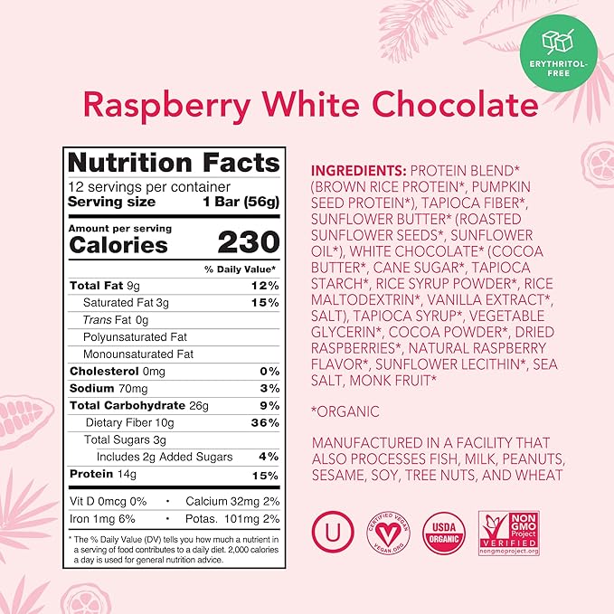 ALOHA Organic Plant Based Protein Bars | Raspberry White Chocolate | 12 Count, 1.98oz Bars | Vegan, Low Sugar, Gluten Free, Paleo, Low Carb, Non-GMO, Stevia Free, Soy Free, No Sugar Alcohol Sweeteners: LIMITED EDITION