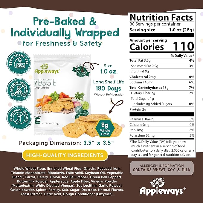 Appleways Vegetable Crackers, 108 Count, 1.0 Oz Each - Individually Wrapped Crispy Veggie Crackers, Healthy and All Natural Veggie Snacks - Savory, On the Go Whole Grain Vegetable Snacks, Made in USA