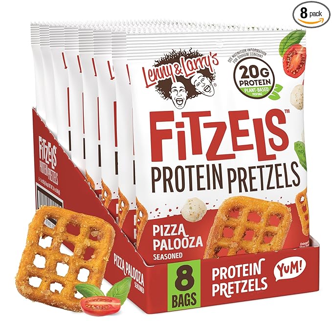 Lenny & Larry's Pizza Palooza FITZELS- Savory Pretzel Snacks Incredibly Tasty High Protein, Salty, Vegan 20 g's of Plant Based Protein 8 (eight) Bags, 3 oz Each