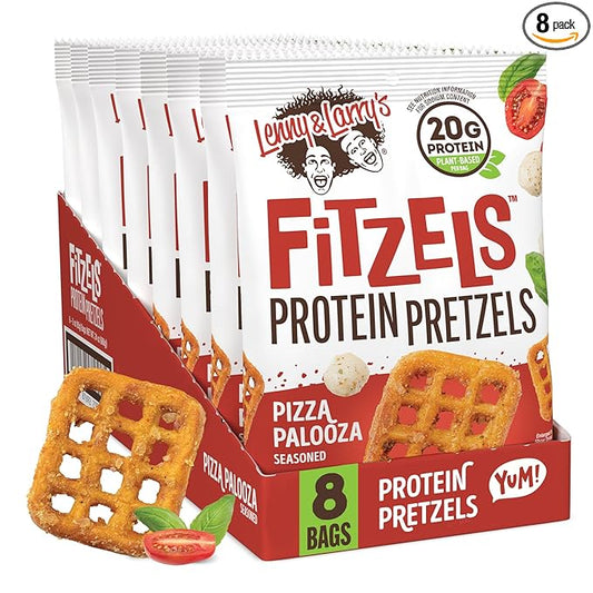 Lenny & Larry's Pizza Palooza FITZELS- Savory Pretzel Snacks Incredibly Tasty High Protein, Salty, Vegan 20 g's of Plant Based Protein 8 (eight) Bags, 3 oz Each
