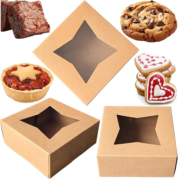 BAKELUV 50 pcs Brown Bakery Boxes with Window 6x6x2.5 Inches Cookie Boxes, Pastry, Treats, Dessert, Small Cake, Brownie, Cupcakes, Chocolate Covered Strawberries | Auto-Popup |