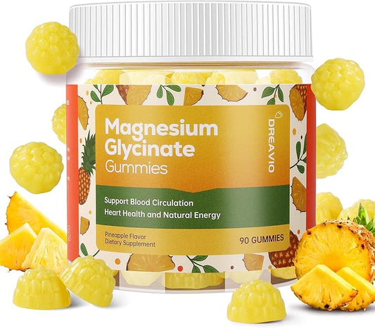 DREAVIO 90 Count Magnesium Glycinate Gummies 400mg w/Ashwagandha Supplement - Sugar Free Zinc Magnesium Glycinate Supplement Ashwagandha Gummies for Adults Pineapple Flavor