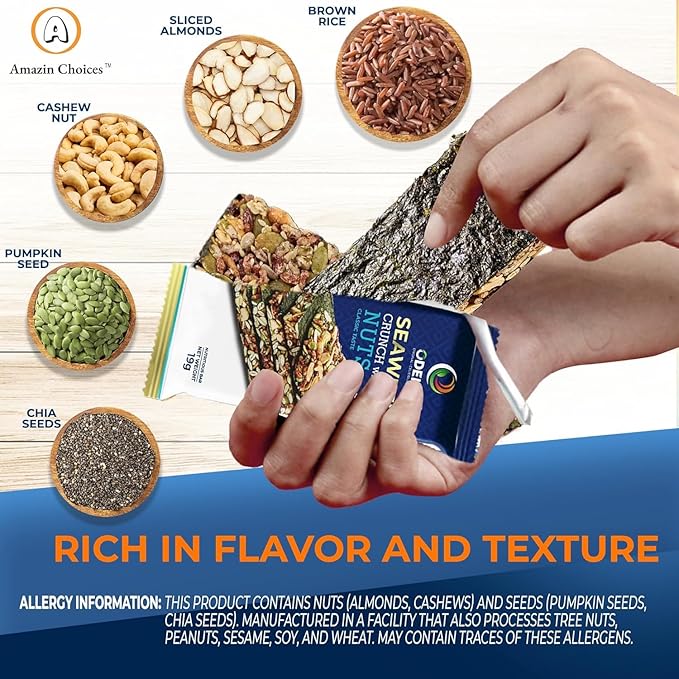 Seaweed Crunch with Nuts Classic Taste– Amazin Choices Vegan Snack Bars with Cashews, Almonds & Pumpkin Seeds – Premium Asian Chips – Seaweed Sheets – Sandwich Seaweed – Variety Pack (Pack of 8)