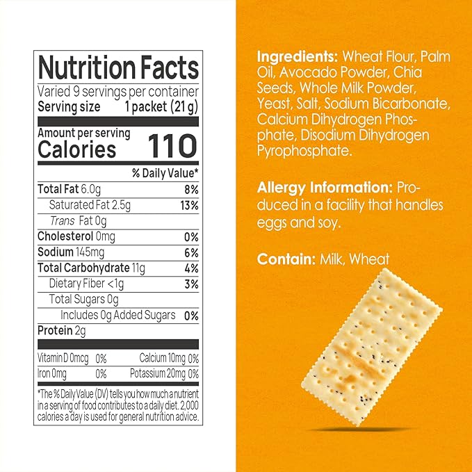 Vloong Avocado Chia Seeds Saltine Crackers, Vlife Baked Soda Crackers, No Added Sugar Healthy Snacks (1 PACK, 6.8 Ounce) Office Snacks, Low Sugar, Low Calories, Individually Wrapped