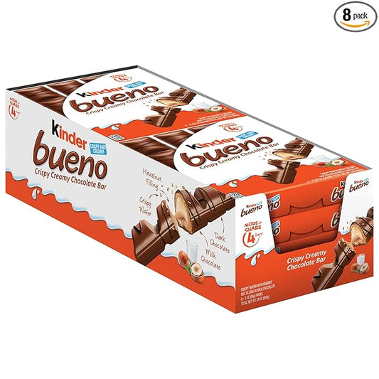 Kinder Bueno Milk Chocolate Bars with Hazelnut Cream, Bulk 8 Pack, Chocolate Candy Bars for Game Day, Football Party Supplies, Snacks for Adults, 4 Per Pack