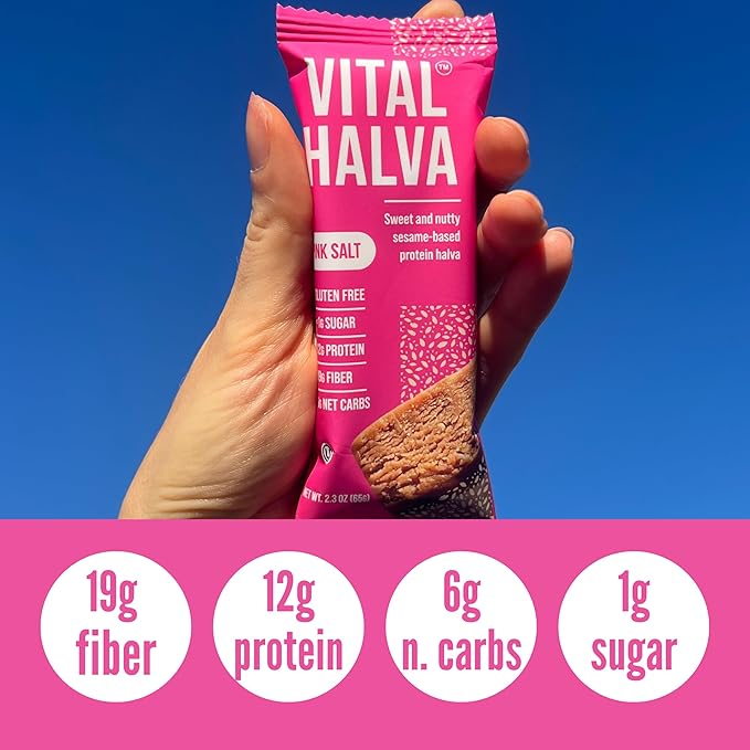 Vital Halva Vegan Protein Fiber Bar, Pink Salt, Gluten Free, Dairy Free, Soy Free, Low Sugar, No Added Sugar, 12G Protein, 19G Fiber, 6G Carb, Snack Bar, 10ct