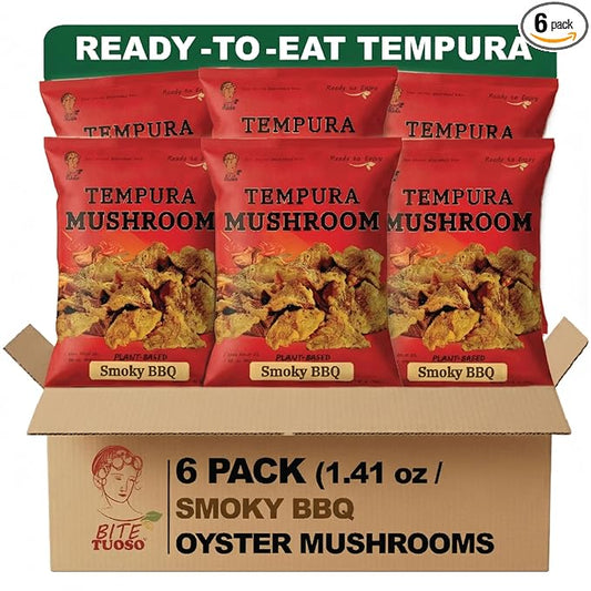 BITETUOSO Tempura Oyster Mushrooms – Ready-to-Eat Crispy Snack, Smoky BBQ Flavor, Crowd-Pleaser for Parties, Kids & Adults – Gourmet Plant-Based Snack Chips 1.41oz (6-Pack)