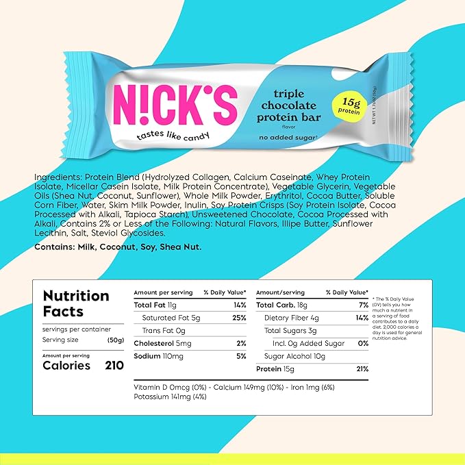 Nick’s Protein Bars Triple Chocolate – 12-Count Box | High Protein, Low Calories, Low Carbs, Keto Friendly, No Added Sugar (12 bars x 50g)