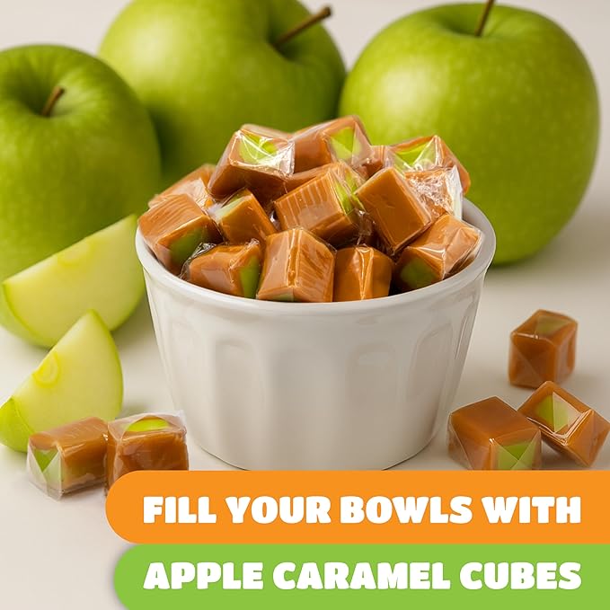 Caramel Cubes Candy - 2 Pound Pack (150 Count) - Green Apple Filling - Individually Wrapped