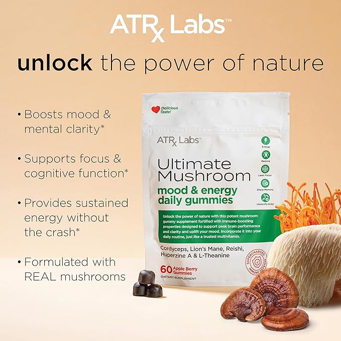 ATRx Labs Ultimate Mushroom Daily Gummies - Mushroom Gummies with Cordyceps, Lion’s Mane, and Reishi, Plus Huperzine A & L-Theanine, May Improve Mood and Energy, Apple Berry Flavor, 60 Count