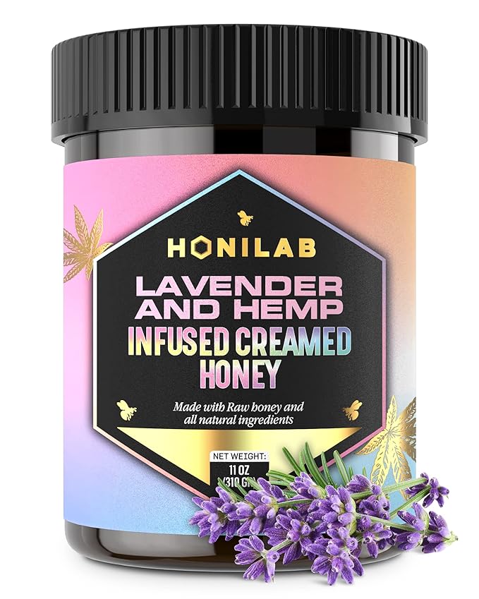 Spun Honey Lavender & Hemp Infused Creamed Honey - OU Kosher Certified - Natural & Pure Blend - No Added Flavors, Independent Testing for Purity and Potency, Whole Ingredients - 11 Oz. Jar