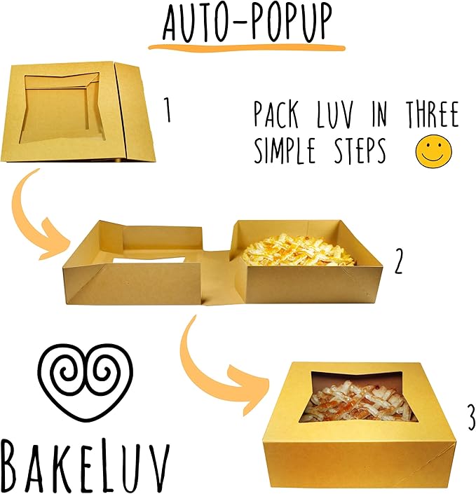BAKELUV 100 Pack 8x8x2.5 Inch Brown Bakery Boxes with Window | Cookie Boxes, Pastry, Desserts, Treats, Food, Cardboard Takeaway/Takeout Containers | Kraft